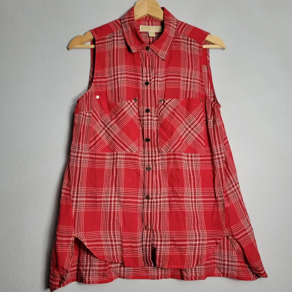 MICHAEL KORS Womens S6 Sleeveless Plaid Button Down Shirt Red Western Americana